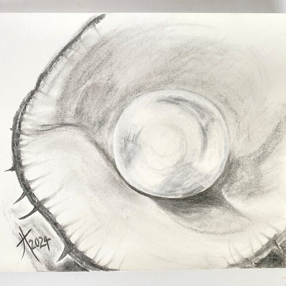 Special Pearl Original Charcoal Drawing Wall Art 11x14in Matted Frame Ready Blac - Picture 1 of 9
